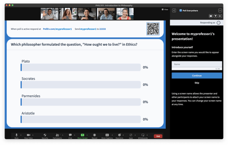 Zoom meeting attendees participating in a Poll Everywhere activity asking 
